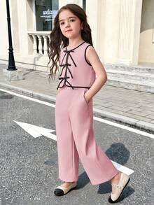 SHEIN 两件套少女纯色针织无袖上衣和打底裤休闲套装 - 藕粉色 - 查看 2