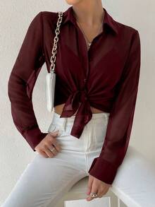 Siren Gaze 女士休闲性感透视长袖衬衫，适合春、夏、秋季穿着 - 酒紅色 - 查看 4