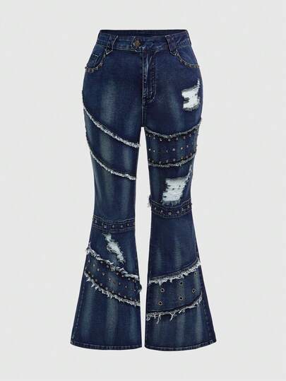 ROMWE Grunge Punk Y2K朋克铆钉装饰做旧复古水洗修身喇叭加大码牛仔裤