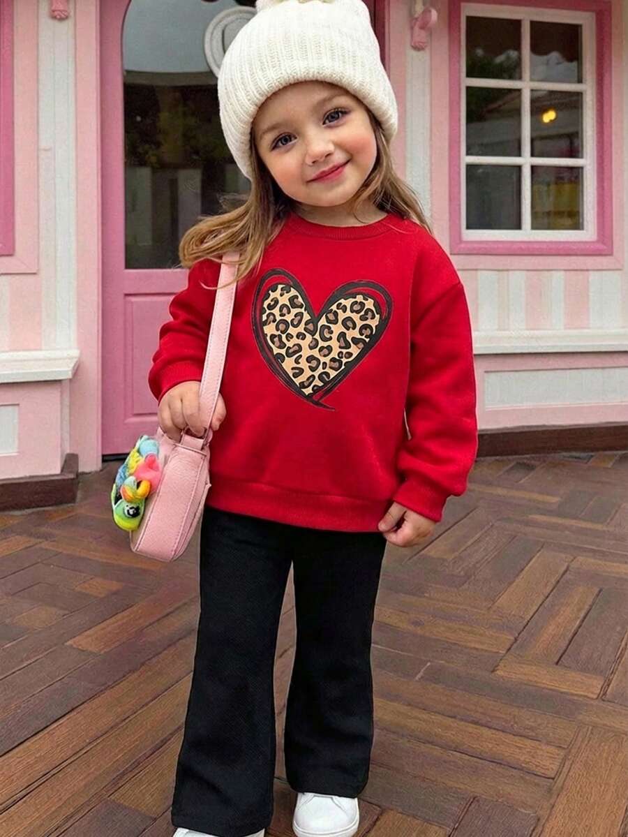 Babygirl Cute Casual Versatile Red Long Sleeve Sweatshirt & Elastic Waist Pants Set - Multicolor - View 1