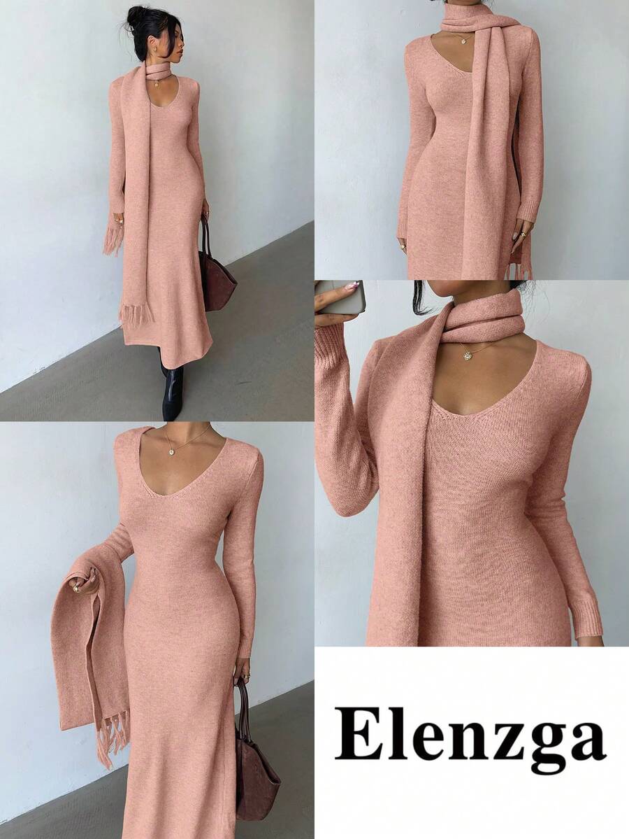 Elenzga 优雅浅杏色V领简约舒适复古风针织连衣裙，配流苏围巾，适合秋冬季通勤和户外活动穿着。 - 粉色 - 查看 1