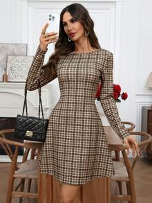 EMERY ROSE 女士优雅复古格子收腰长袖连衣裙，秋季款 - 彩色 - 查看 6