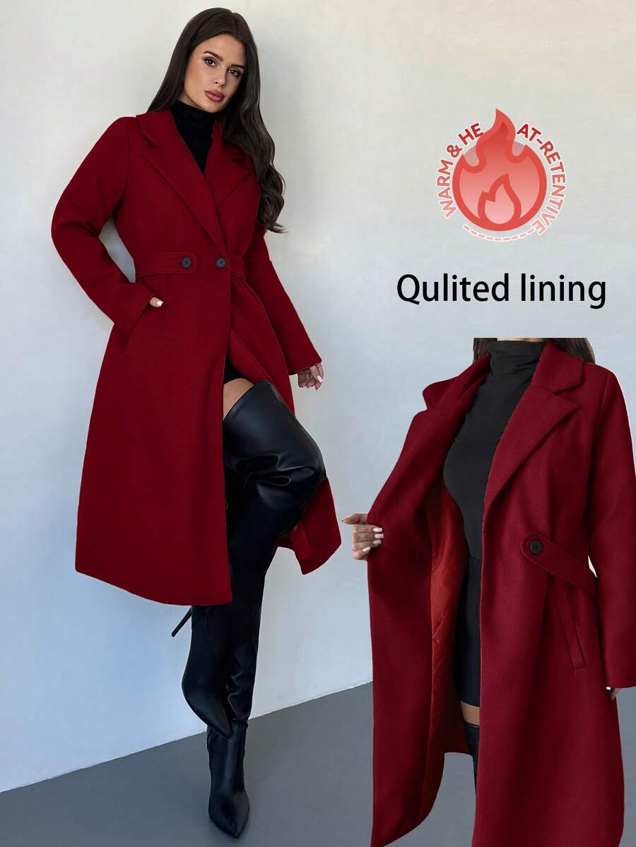 Firerie 女士休闲日常通勤简约纯色翻领双排扣保暖长款大衣，秋冬款 - 紅色 - 查看 1