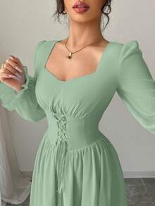 Modelyn Đầm dài tay raglan cổ trái tim màu trơn cao cấp kiểu Pháp, thắt eo, buộc dây. - Màu xanh Bạc hà - Xem 6