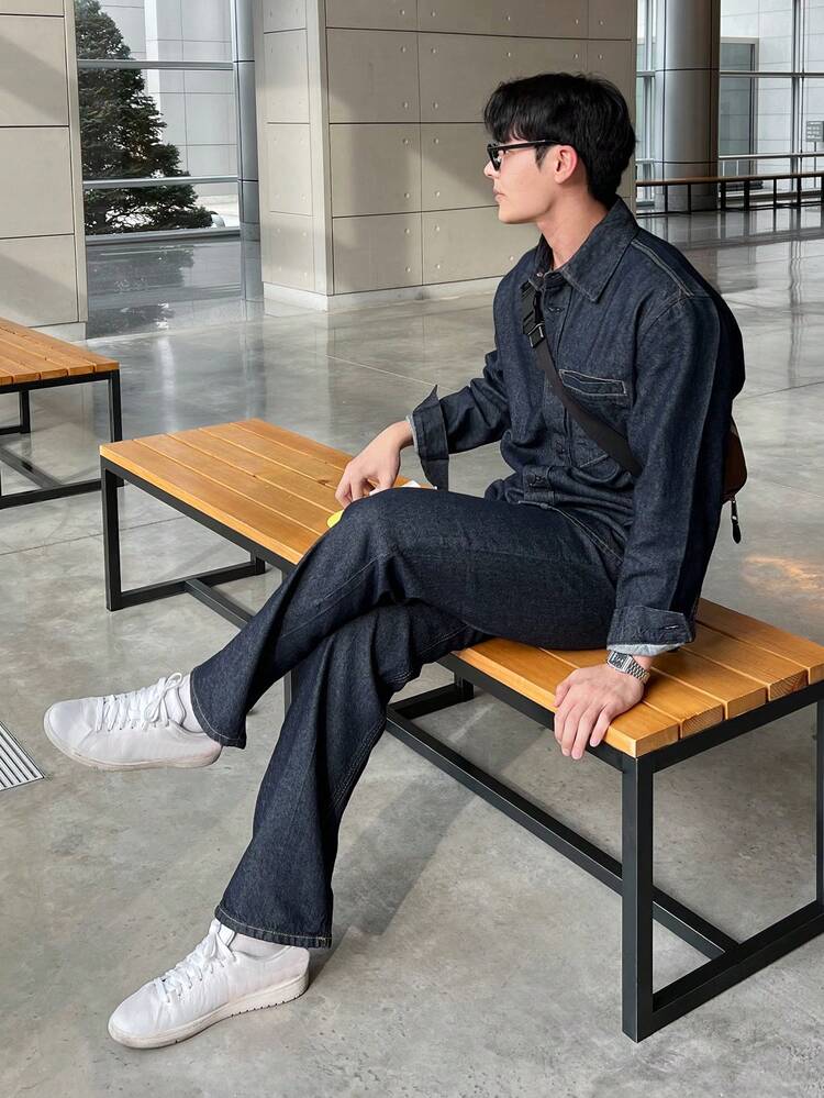 Men's Washed Solid Black Denim Suit, Autumn
