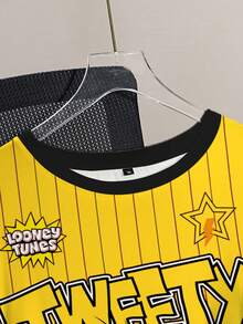 LOONEY TUNES X SHEIN 大码夏季休闲条纹卡通图案圆领短袖T恤 - 白色 - 查看 3