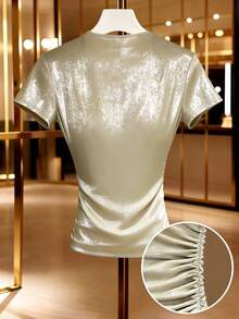 SHEIN Unity Women's Sage Green Shimmering V-Neck Pleated Slim Fit Top,Summer Seductive Party Night Glittery Knit Short-Sleeved T-Shirt,Elegant Glamorous Party Top - Apricot - View 2