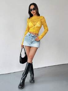 EgrlEra 女士蕾丝弹力牡丹花卉薄纱性感上衣（随机裁剪） - 黃色 - 查看 3