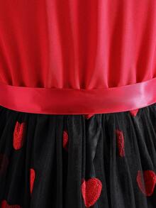 European And American Fashion New Girls Shirt Collar Cap Sleeve Airy Heart Mesh Skirt Casual/Holiday Outfit, Polo Collar Bow Elegant Princess Dress - Multicolor - View 7