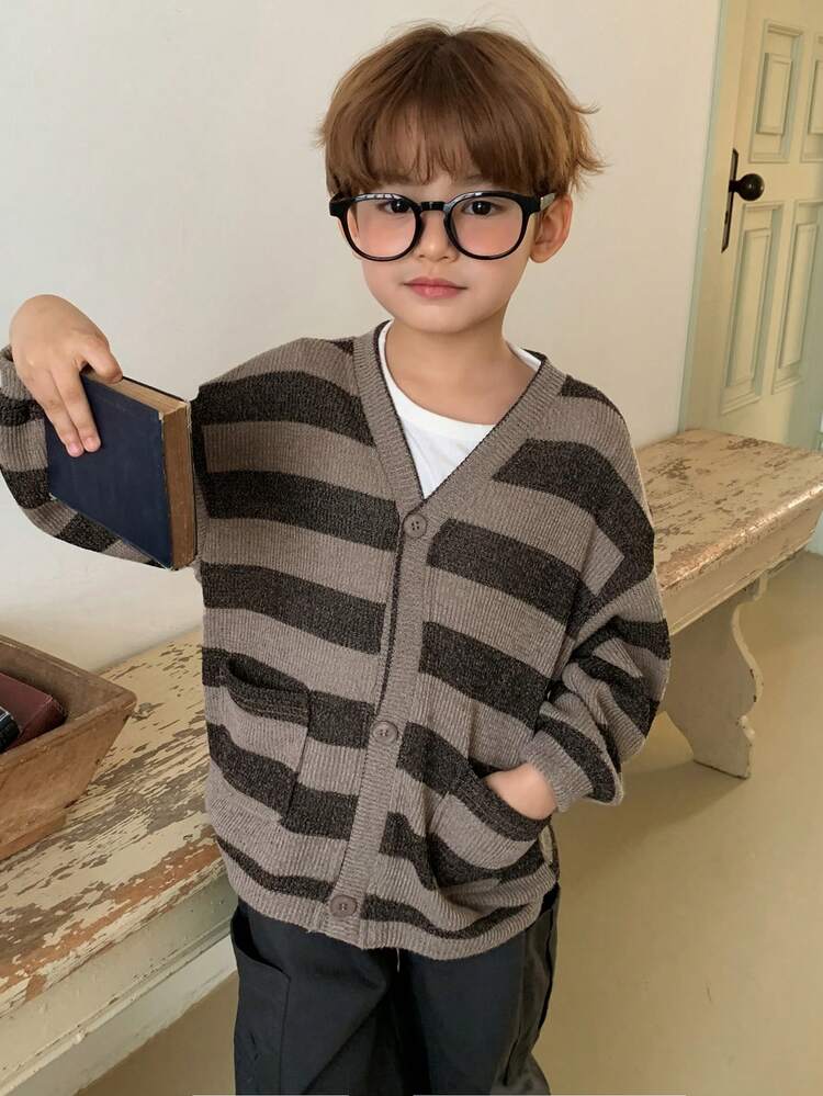 Young Boys Casual Striped Pocket Long Sleeve Cardigan Spring