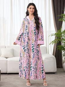 SHEIN Najma Elegant Floral Print Long Sleeve Loose Arabic Style Dress For Women - Pink - View 3