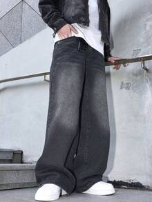 Manfinity Hypemode Quần jeans nam màu đen dáng rộng ống rộng, kiểu dáng thường ngày. - Màu xám đen - Xem 4