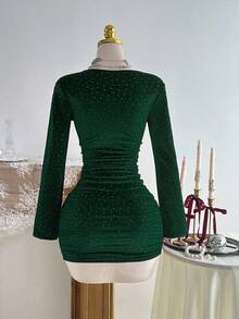 Flirla Vestido ajustado con cuello drapeado, espalda descubierta y cintura fruncida, para otoño - Verde Oscuro - Ver 2