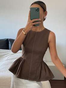 DAZY Women's Sleeveless Fitted Top, Autumn/Winter - Coffee Brown - View 3