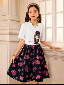 رمضان مجموعة تنورة مطبوعة رقميًا وبلوزة كاجوال بأكمام قصيرة مطبوعة بطبعة زهرية وحرف، مناسبة للخروجات والمدرسة والتنقل - أبيض - مشاهدة 5