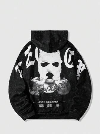 Herren Portrait-Muster Schwarzer Langarm-Hoodie, Herbst/Winter