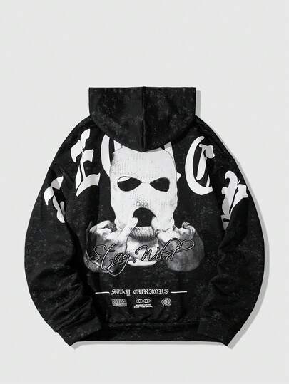 Felpa con cappuccio nera a maniche lunghe con stampa di ritratto, autunno/inverno per uomo