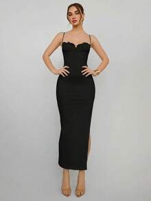 Aloruh Vestido de tirantes finos ajustado con detalle de copa para vacaciones en la playa - Negro - Ver 1