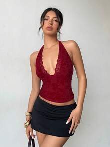 Aloruh 蕾丝边修身性感露背系带上衣 - 酒紅色 - 查看 4