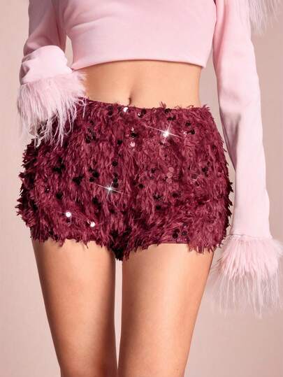 ROMWE Avant Shorts mini de cintura ultra baja con adornos de plumas, lentejuelas y brillo para mujeres, adecuados para fiestas, festivales y uso diario