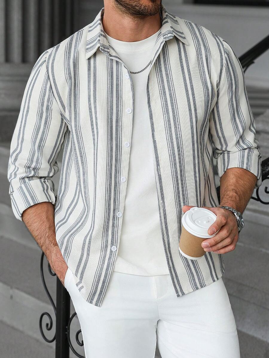 Manfinity Homme 男士条纹长袖单排扣休闲/商务衬衫 男士休闲衬衫 男士条纹衬衫 长袖衬衫 男士叠穿衬衫 男士休闲内搭衬衫 - 彩色 - 查看 1
