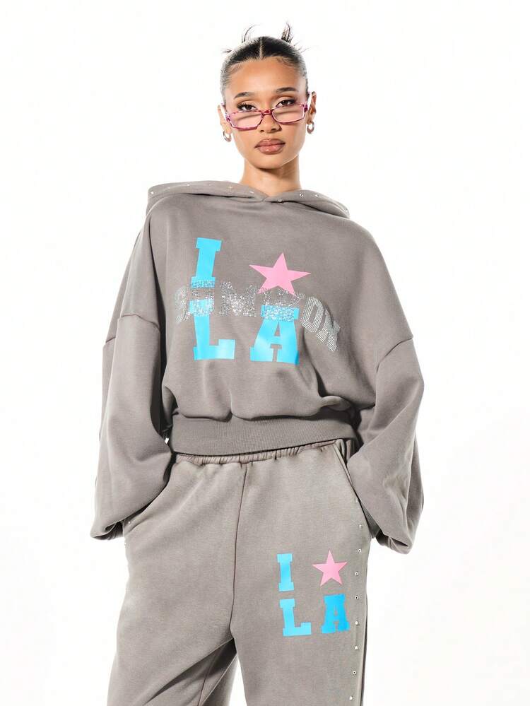 SUMWON Oversized Washed Hoodie With Rhinestone Studded Hood LA Star Print Graphic Loose Fit Casual Pullover Sweatshirt