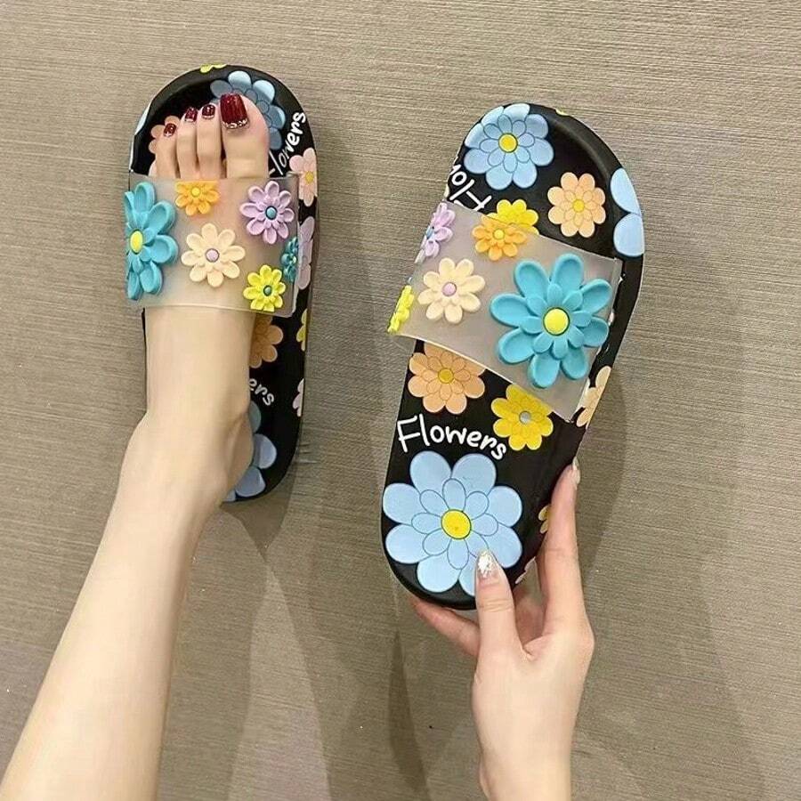 Nuevas zapatillas de flores encantadoras las mujeres usan suelas blandas diarias antideslizantes y desodorizantes en el interior y en el exterior del hogar, Pantuflas de Casa de Mujer - Negro - Ver 1
