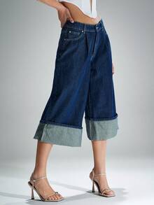 Denimoi 卷边下摆拉链阔腿牛仔短裤 - 深色水洗藍 - 查看 5