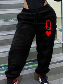 SHEIN LUNE Plus Size Casual Heart & Letter Print Pants Fall Cloth For Women - Black - View 1