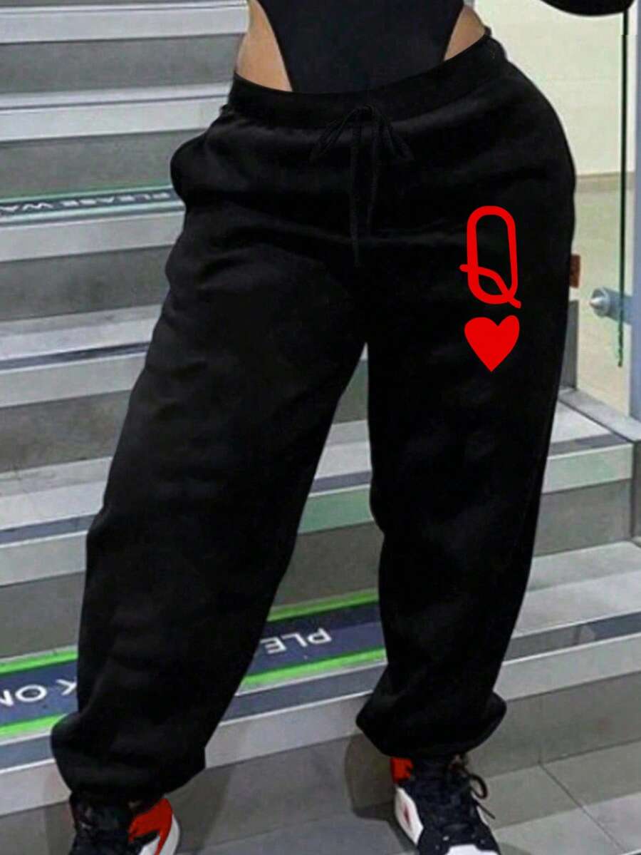 SHEIN LUNE Plus Size Casual Heart & Letter Print Pants Fall Cloth For Women - Black - View 1