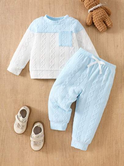 SHEIN 2pcs/Set Infant/Baby Boys Casual Khaki & White Striped Knit Pocket Shoulder Button Crew Neck Long Sleeve Top & Elastic Waist Pants Set, Soft & Comfortable Fabric, Suitable For Spring, Autumn, Winter, Outdoor, Home, Casual Wear Baby Set Autumn Winter Season Baby Boys Outfit Baby Casual Sets Baby Blue Boy Outfit Baby Unisex Clothes Sets