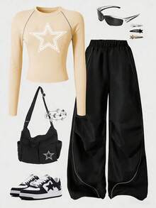 Sparklyn 两件套休闲少女套装 - 白色星星印花T恤+裤子，银色装饰线条，夜光效果，适合散步、购物、上学穿着，可搭配外套或背心 - 卡其色 - 查看 3