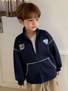 DAZY Young Boy Casual Letter Graphic Drop Shoulder Zip-Up Jacket, Autumn - Navy Blue - View 4