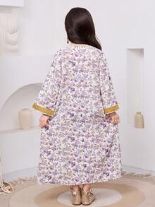 SHEIN Young Girl White Summer Traditional Arabian Dress Floral Print Long Sleeve Jalabiya For Wedding Al-Adha,Matching Mom & Daughter Kaftan Prayer Robe - Mauve Purple - View 9