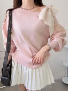 FRIFUL Women's Contrast Color Asymmetrical Shoulder Drop Shoulder Bow Loose Casual Versatile Sweater, Autumn/Fall - Pink - View 3