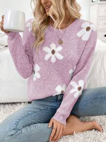 SHEIN LUNE Damen Lässiger Flauschiger Blumen Muster Rundhals Drop-Shoulder Langarm Strick Pullover Sweater, Herbst/Winter - Lila - Übersicht 6