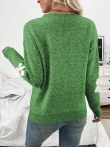 SHEIN LUNE Sweater Rajut Wanita Kasual Bermotif Bunga Lembut, Leher Bulat, Bahu Longgar, Lengan Panjang, Musim Gugur/Dingin - Lime Green - View 2