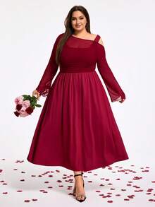 SHEIN CURVE+ Elegant Plus Size Burgundy Midi Dress With Asymmetrical Neck And Flare Wrist Length Sleeves Semi Sheer Shirred Knitted Fabric A Line Flared Hem - Burgundy - View 5