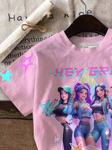 SHEIN 2件套少女休闲时尚彩色韩流女团字母星星印花圆领短袖T恤和短裤套装，适合度假、派对、日常穿着、演唱会等场合。 - 彩色 - 查看 4