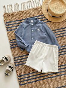 2 Pieces Babyboy Cute Summer Casual Versatile Simple Urban Long-Sleeve Stand Collar Shirt And Shorts Set Suitable For Birthday Parties, Galas, Performances, Weddings, Full Moon Celebrations, Baptisms, And First Birthday Celebrations/Baby Showers Baby Casual Sets Dusty Blue Outfit For Toddlers Boys Blue Vintage Baby Boy Outfit Toddler Boy Linen Set Baby Boy Button Down Shirt And Shorts - Blue - View 2