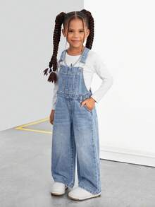 SHEIN Bộ quần yếm denim màu xanh dương thoải mái, thoáng khí, đa năng dành cho bé gái. - Rửa nhẹ - Xem 4