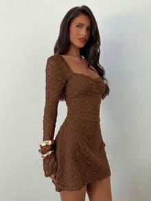 Aloruh Women's Elegant Square Neck Ruched Flare Sleeve Fitted A-Line Mini Dress, Textured Fabric Long Sleeve Elegant Dress