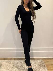 春季圆领黑色长袖紧身连衣裤 - 黑色 - 查看 3