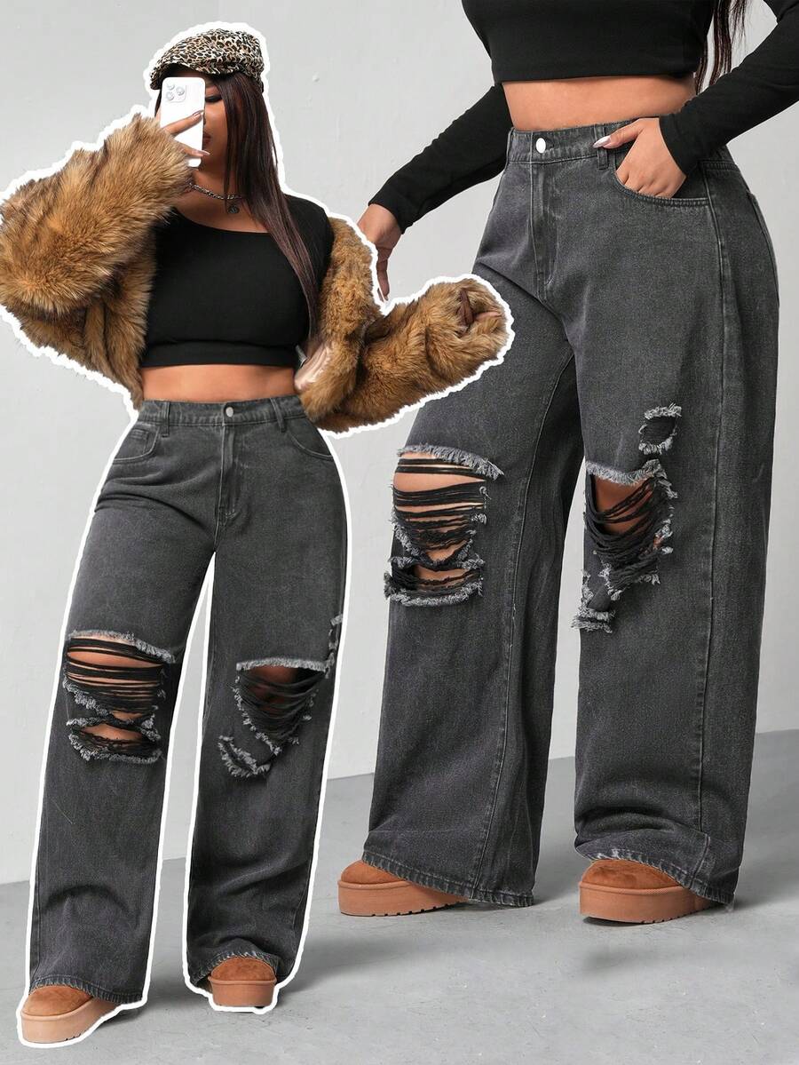 SHEIN MOD Quần jeans ống loe rách dáng rộng cho nữ cỡ lớn, màu xanh lam - Xám - Xem 1