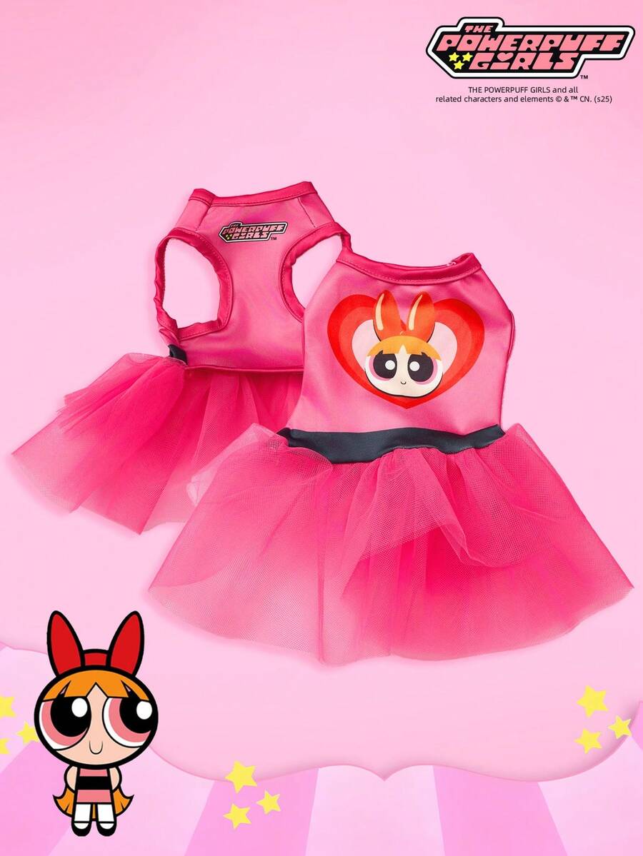 THE POWERPUFF GIRLS X PETSIN 1件红色兔子女孩爱心印花宠物裙玫瑰红简约风格亲肤透气宠物衣服 - 玫紅色 - 查看 1