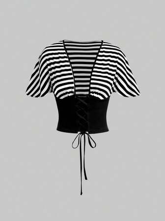 Hippie Striped Patchwork Tie-Waist Crop Top For Women