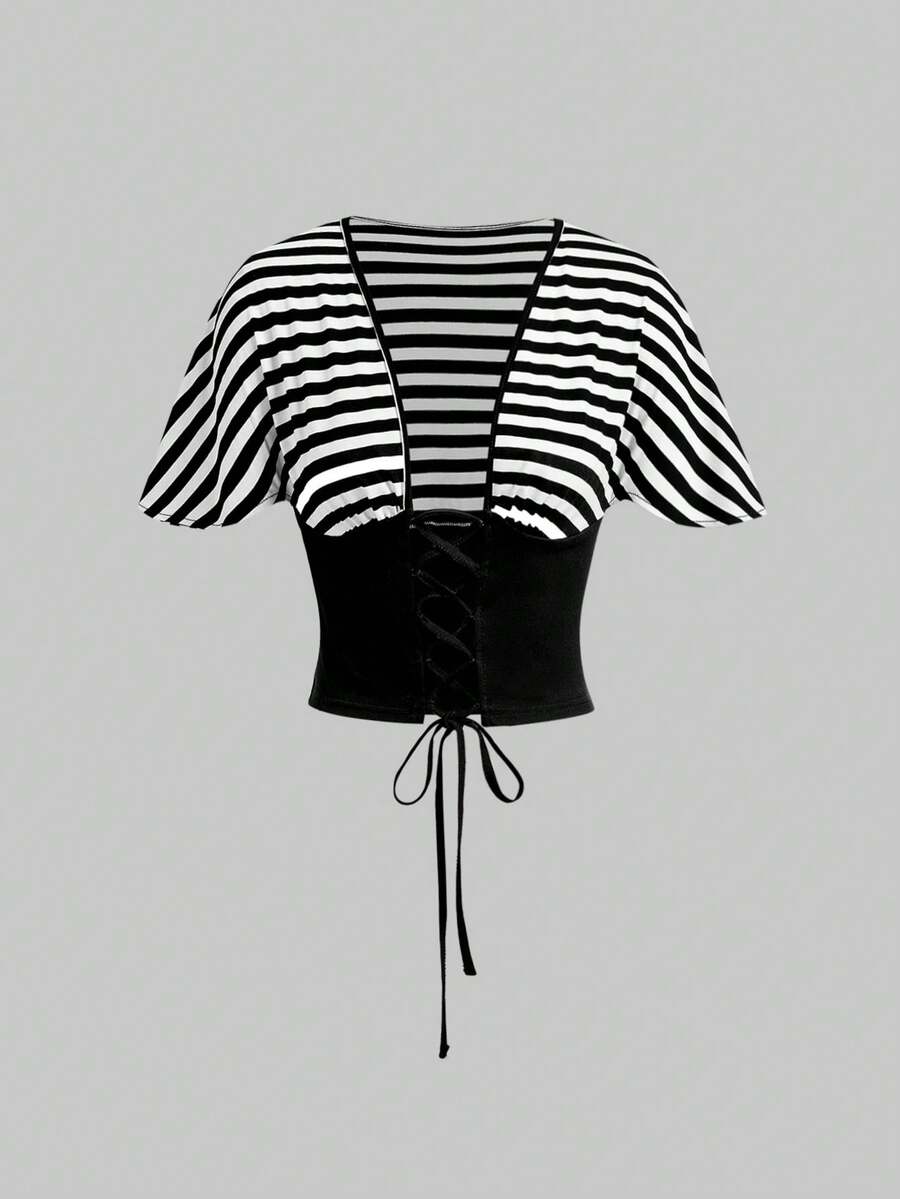 ROMWE Hippie 女士条纹拼接系腰露脐上衣 - 黑與白 - 查看 1