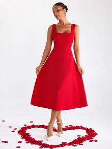 EURMUSE Robe mi-longue à encolure carrée sans manches, buste ajusté avec ourlet évasé, lignes épurées, silhouette minimaliste, style élégant du jour au soir, Saint-Valentin - Rouge - Voir 3