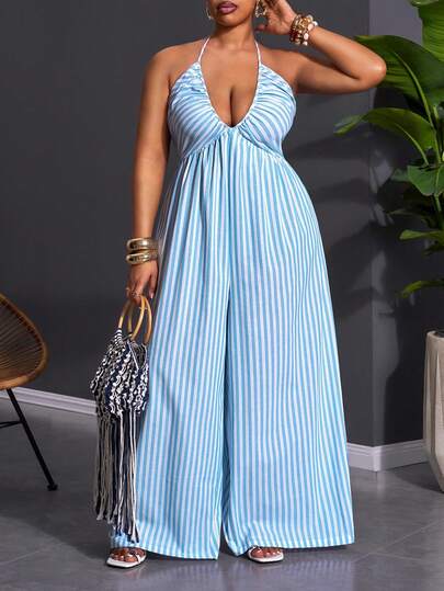 Slaydiva 2026 Plus Size Women's New Spring/Summer Halter Striped Wide Leg Pants, Suitable For Travel, Vacation, Spring Outing