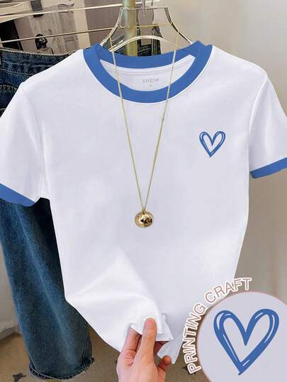 Resyla 女士休闲爱心印花短袖圆领T恤，适合夏季日常通勤